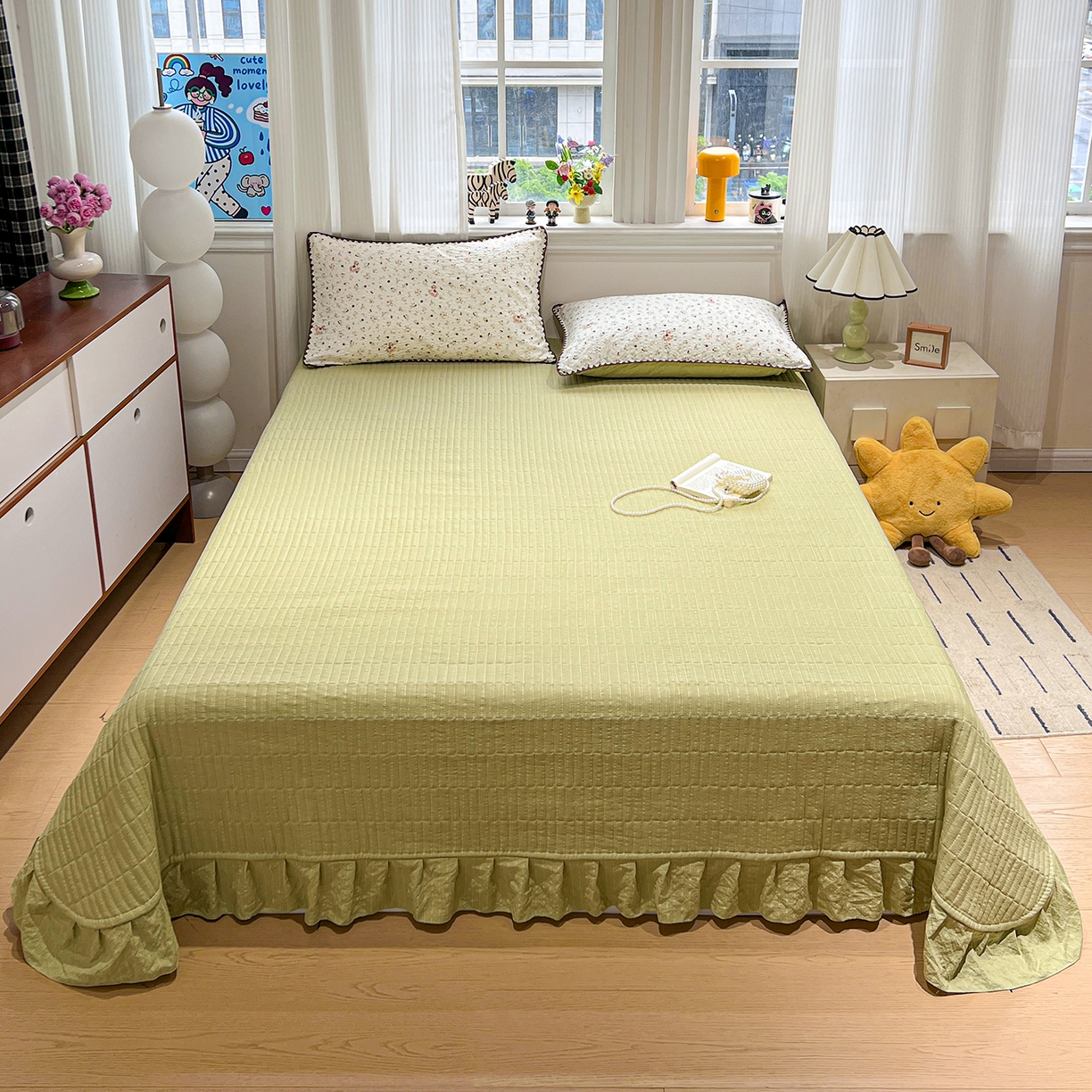 91家纺网 家纺一手货源 找家纺 富米莱（原臻工厂） 2026新款泡芙纱贝壳边夏被夏凉被空调被床盖床裙四件套-欧包系列 欧包-木马小花团