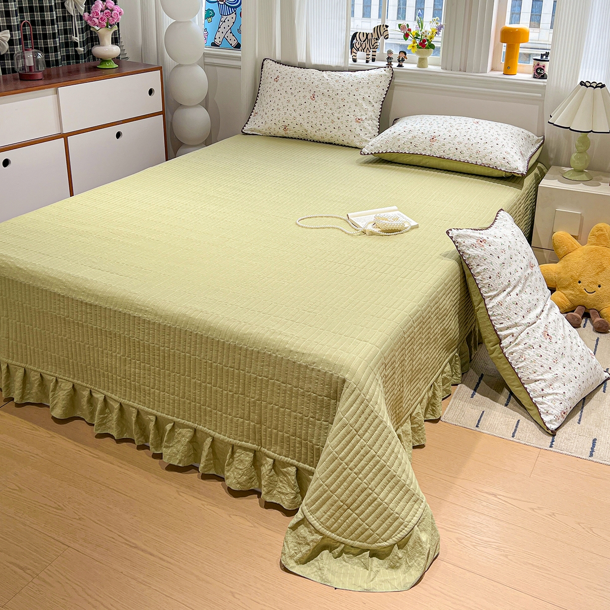 91家纺网 家纺一手货源 找家纺 富米莱（原臻工厂） 2026新款泡芙纱贝壳边夏被夏凉被空调被床盖床裙四件套-欧包系列 欧包-木马小花团