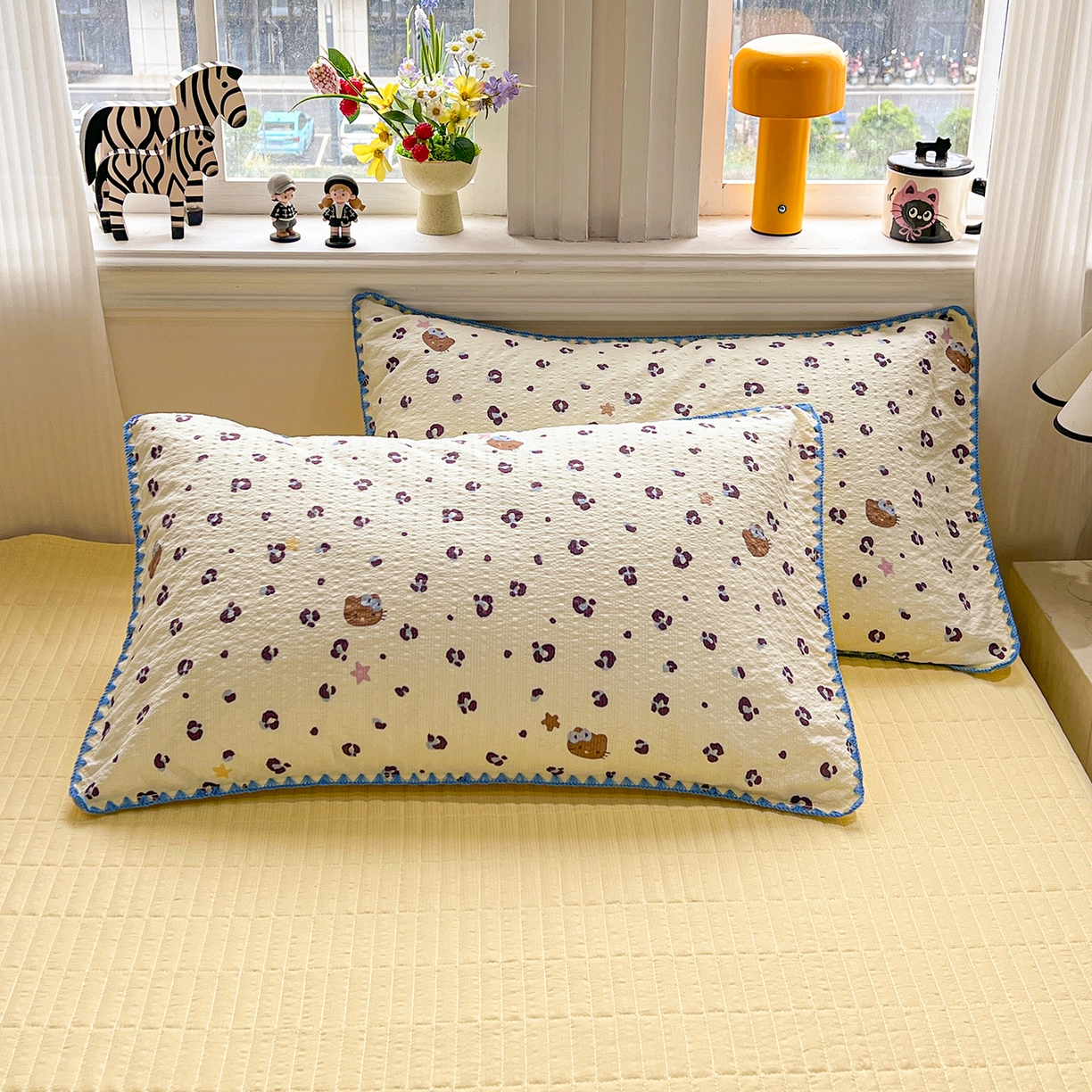 91家纺网 家纺一手货源 找家纺 富米莱（原臻工厂） 2026新款泡芙纱贝壳边夏被夏凉被空调被床盖床裙四件套-欧包系列 欧包-豹纹蓝星