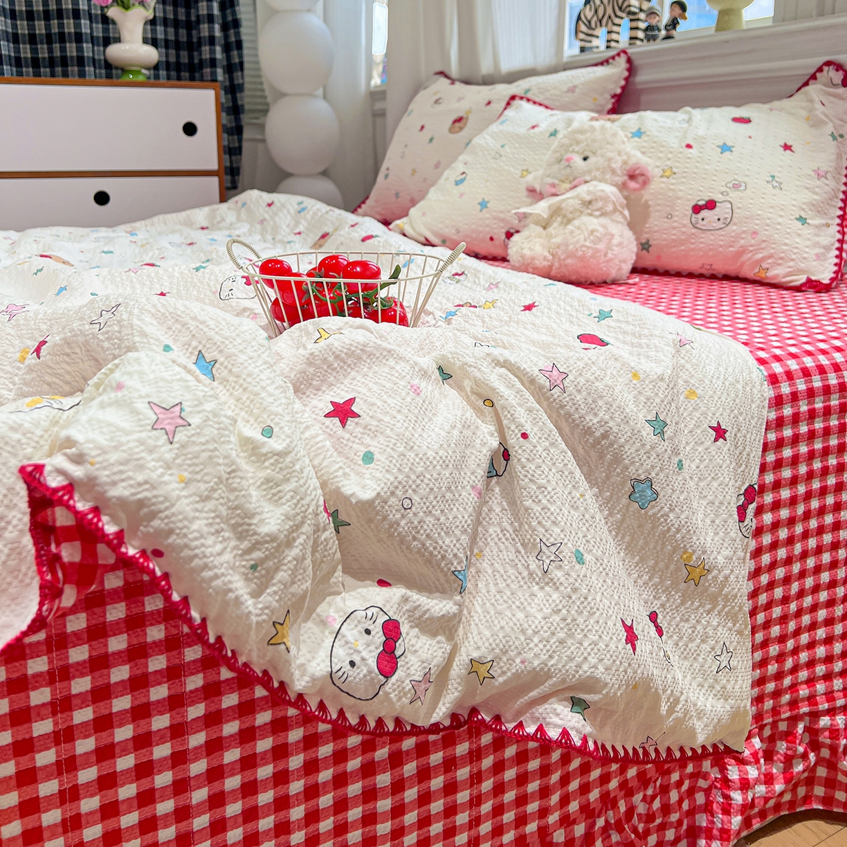 91家纺网 家纺一手货源 找家纺 富米莱（原臻工厂） 2026新款泡芙纱贝壳边夏被夏凉被空调被床盖床裙四件套-欧包系列 欧包-星芒凯蒂