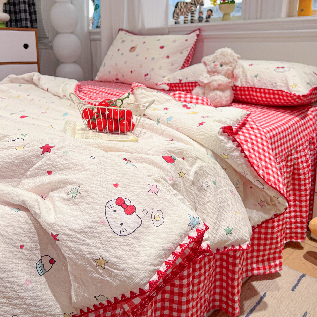 91家纺网 家纺一手货源 找家纺 富米莱（原臻工厂） 2026新款泡芙纱贝壳边夏被夏凉被空调被床盖床裙四件套-欧包系列 欧包-星芒凯蒂