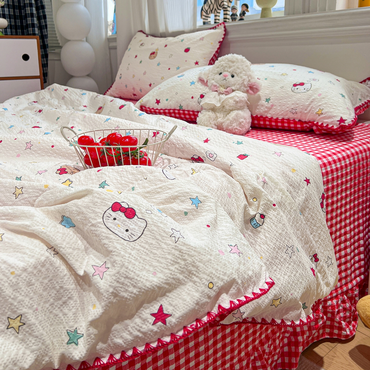 91家纺网 家纺一手货源 找家纺 富米莱（原臻工厂） 2026新款泡芙纱贝壳边夏被夏凉被空调被床盖床裙四件套-欧包系列 欧包-星芒凯蒂