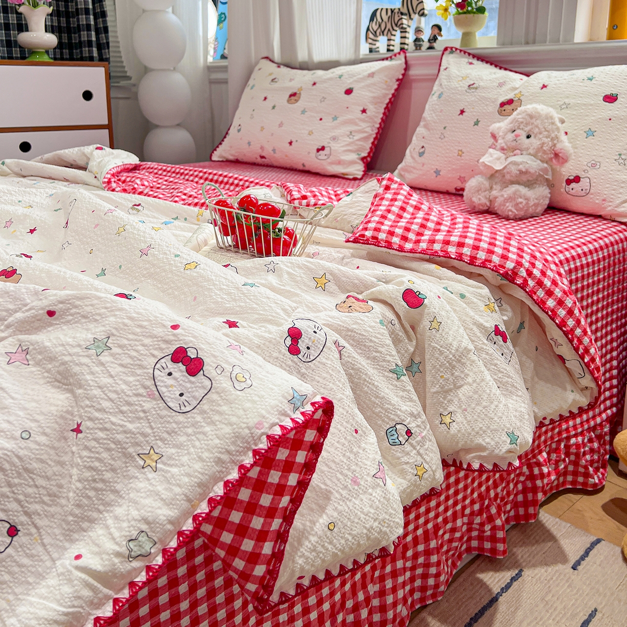 91家纺网 家纺一手货源 找家纺 富米莱（原臻工厂） 2026新款泡芙纱贝壳边夏被夏凉被空调被床盖床裙四件套-欧包系列 欧包-星芒凯蒂