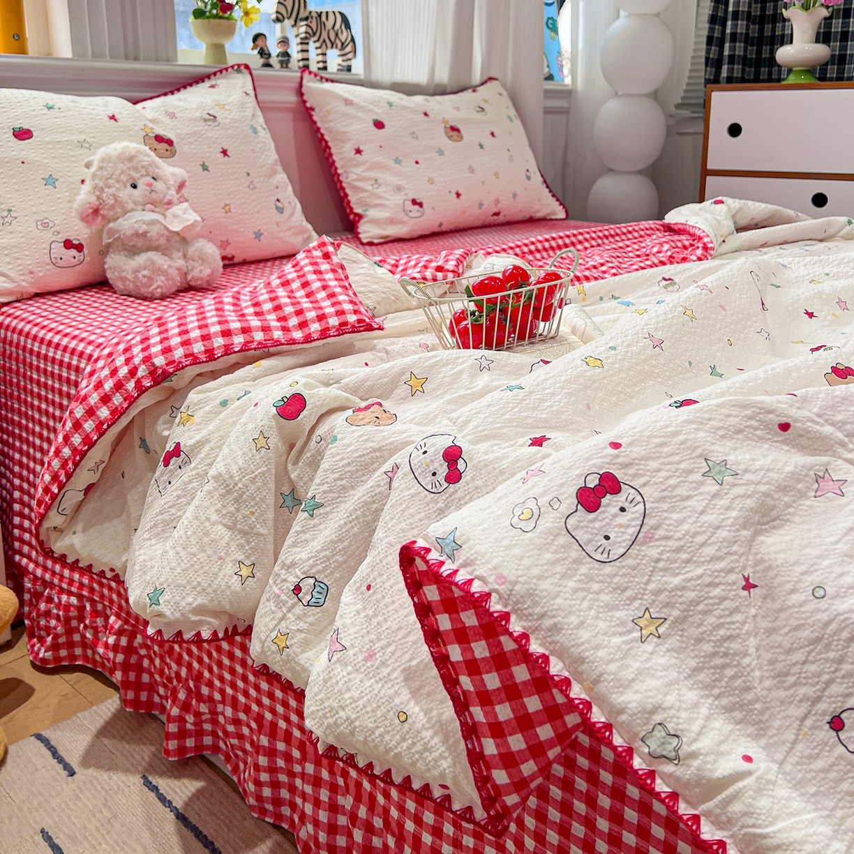 91家纺网 家纺一手货源 找家纺 富米莱（原臻工厂） 2026新款泡芙纱贝壳边夏被夏凉被空调被床盖床裙四件套-欧包系列 欧包-星芒凯蒂