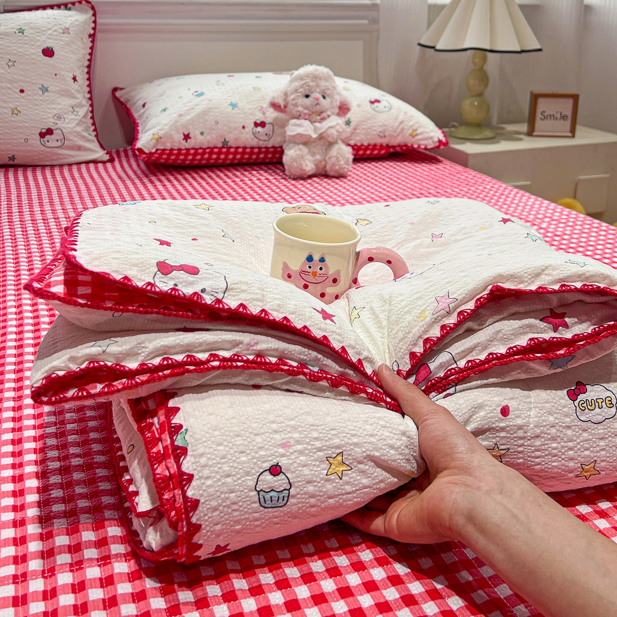 富米莱（原臻工厂） 2026新款泡芙纱贝壳边夏被夏凉被空调被床盖床裙四件套-欧包系列 欧包-星芒凯蒂