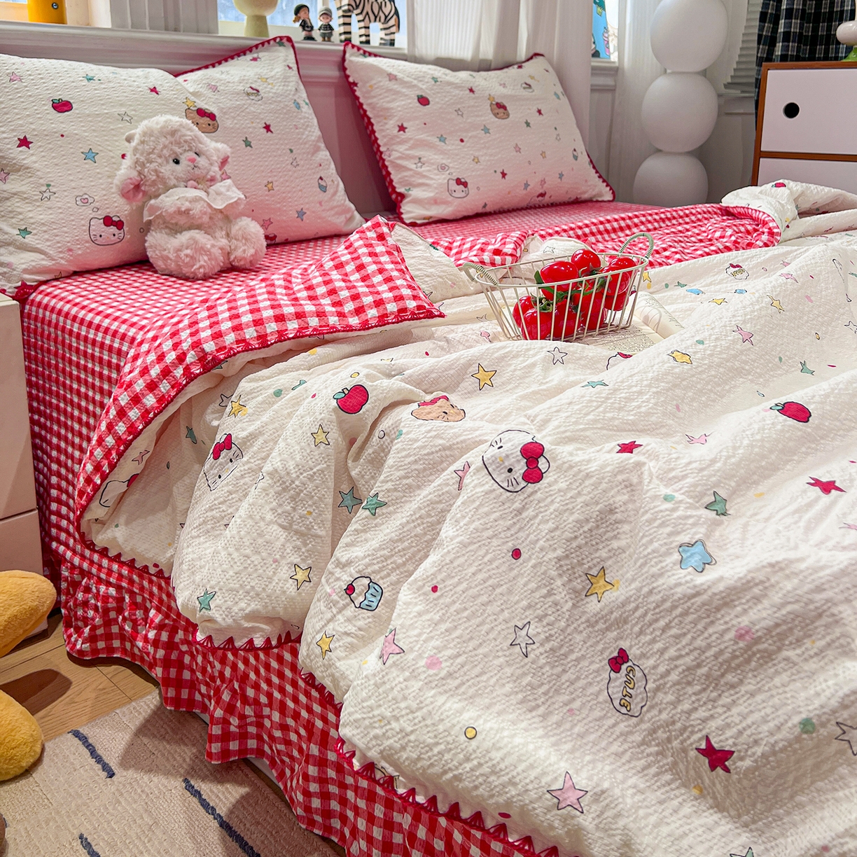 91家纺网 家纺一手货源 找家纺 富米莱（原臻工厂） 2026新款泡芙纱贝壳边夏被夏凉被空调被床盖床裙四件套-欧包系列 欧包-星芒凯蒂