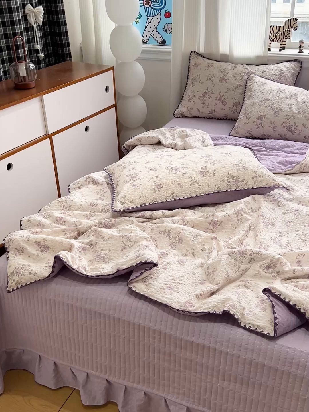 91家纺网 家纺一手货源 找家纺 富米莱（原臻工厂） 2026新款泡芙纱贝壳边夏被夏凉被空调被床盖床裙四件套-欧包系列 欧包-柔紫碎花屿