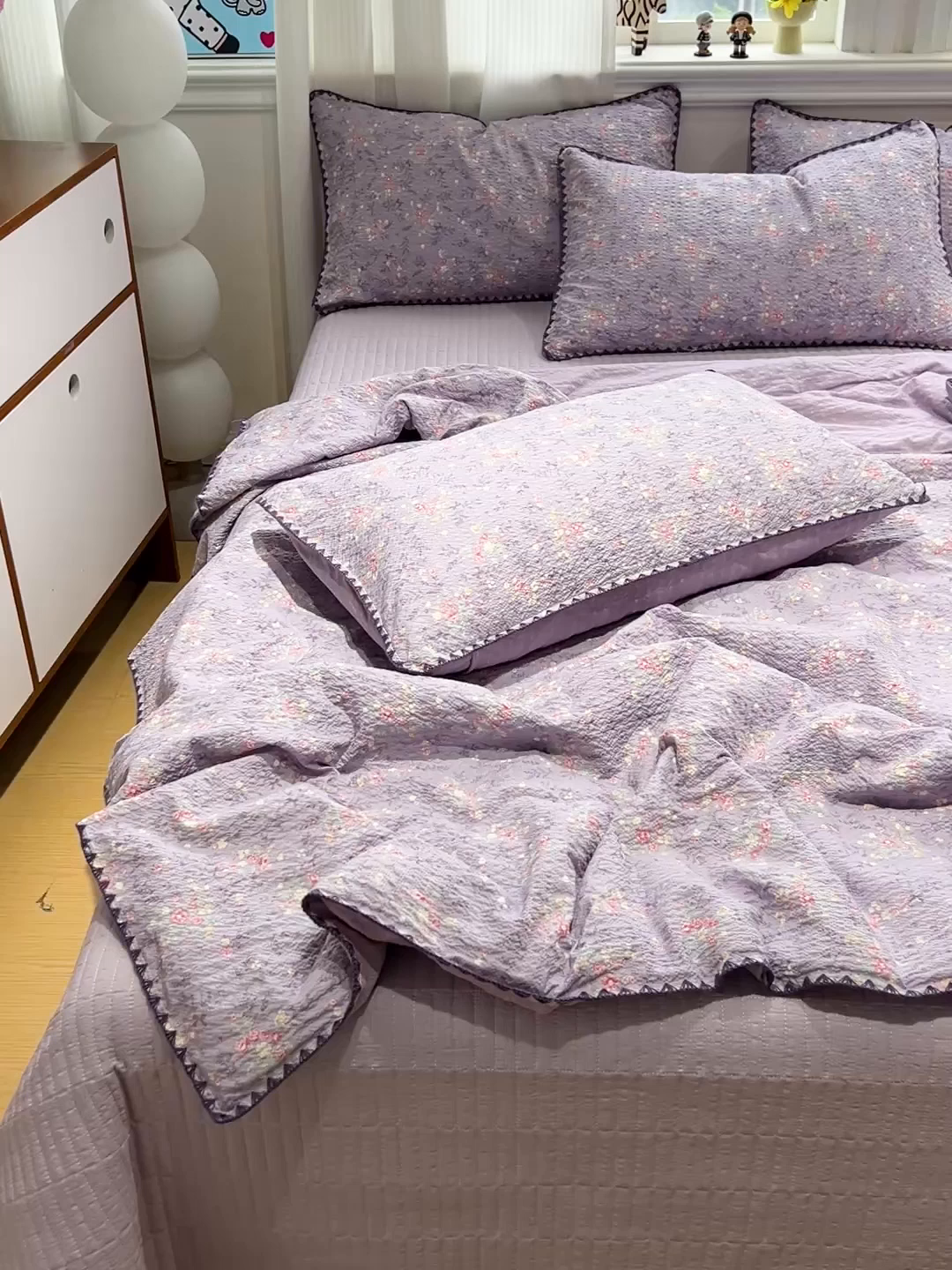 91家纺网 家纺一手货源 找家纺 富米莱（原臻工厂） 2026新款泡芙纱贝壳边夏被夏凉被空调被床盖床裙四件套-欧包系列 欧包-松间茶事