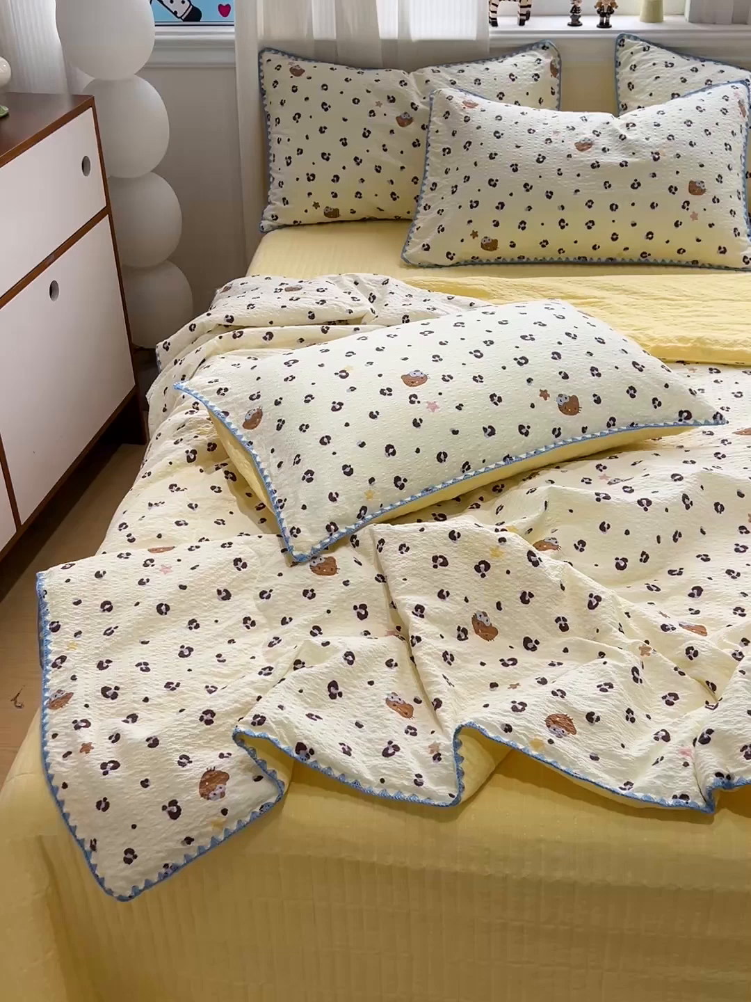 91家纺网 家纺一手货源 找家纺 富米莱（原臻工厂） 2026新款泡芙纱贝壳边夏被夏凉被空调被床盖床裙四件套-欧包系列 欧包-豹纹蓝星