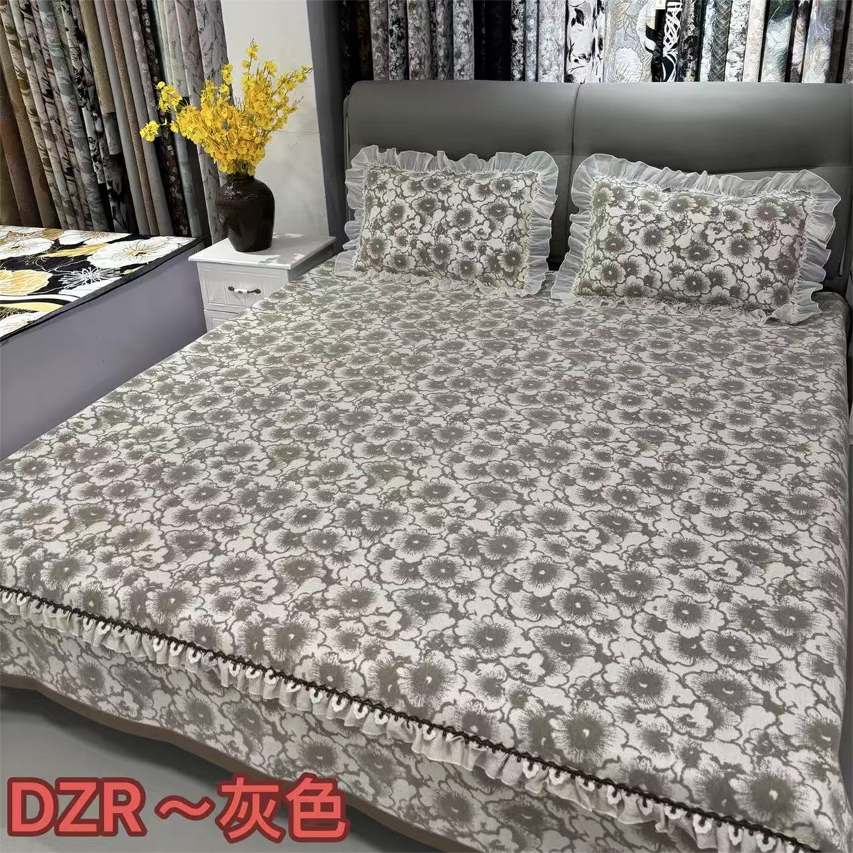 德之仁纺织 2026新款法式氛围感加厚防滑可机洗床盖-素菊呈祥 素菊呈祥-灰色