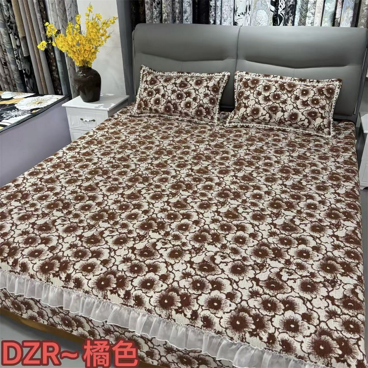 德之仁纺织 2026新款法式氛围感加厚防滑可机洗床盖-素菊呈祥 素菊呈祥-橘色