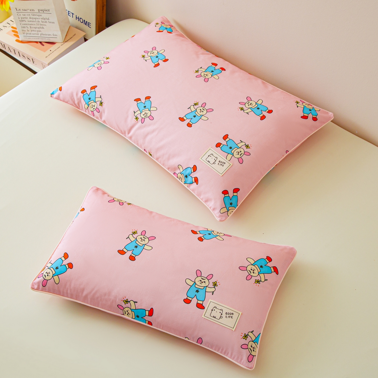 91家纺网 家纺一手货源 找家纺 喜多兔儿童家纺 2026新款A类高精密纯棉水洗棉单品枕套枕套单件可选枕芯 粉色追梦小兔子