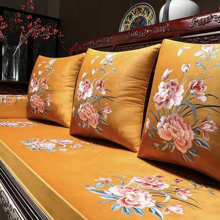 多米家居 2026新款定制红木-绒布刺绣坐垫、抱枕、桌旗，海绵，乳胶（2-3天货期，定制尺寸联系商家） 春晓-黄色