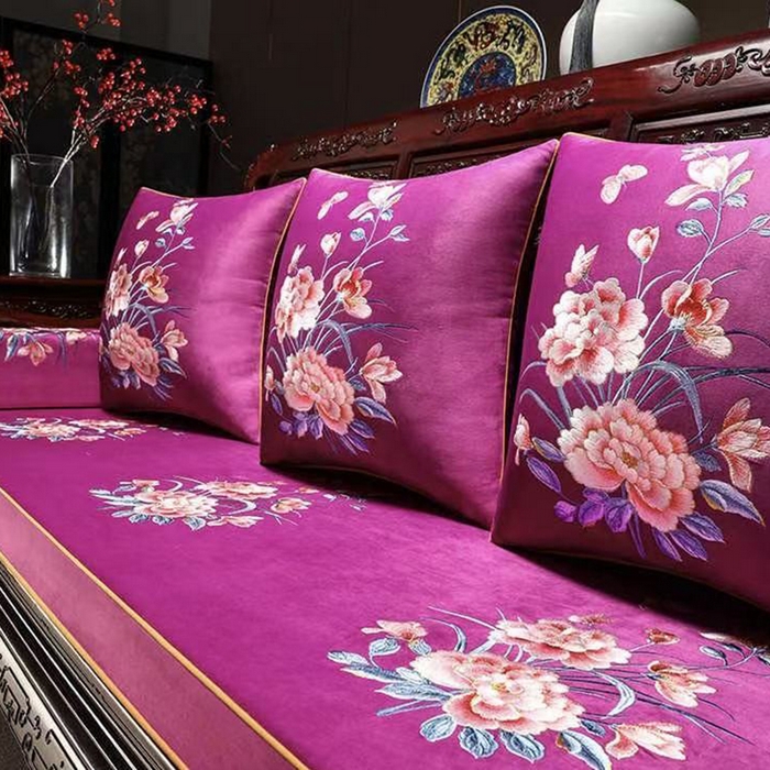 多米家居 2026新款定制红木-绒布刺绣坐垫、抱枕、桌旗，海绵，乳胶（2-3天货期，定制尺寸联系商家） 春晓-紫色