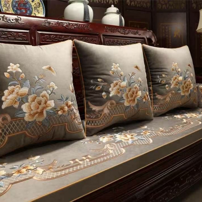 多米家居 2026新款定制红木-绒布刺绣坐垫、抱枕、桌旗，海绵，乳胶（2-3天货期，定制尺寸联系商家） 化茧成蝶-烟灰