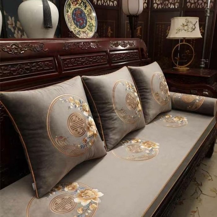 多米家居 2026新款定制红木-绒布刺绣坐垫、抱枕、桌旗，海绵，乳胶（2-3天货期，定制尺寸联系商家） 金玉满堂-烟灰