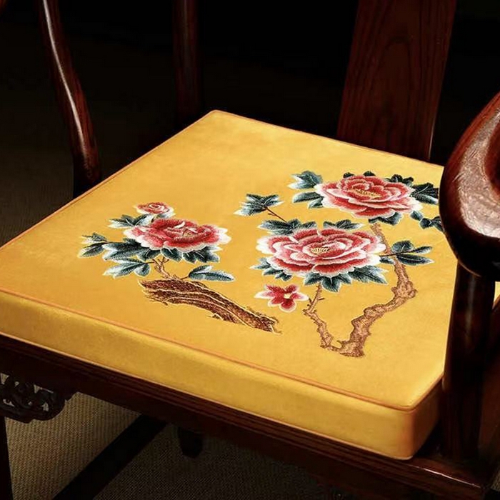 多米家居 2026新款定制红木-绒布刺绣坐垫、抱枕、桌旗，海绵，乳胶（2-3天货期，定制尺寸联系商家） 锦上添花-黄色
