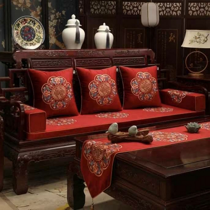 多米家居 2026新款定制红木-绒布刺绣坐垫、抱枕、桌旗，海绵，乳胶（2-3天货期，定制尺寸联系商家） 锦绣年华-红色