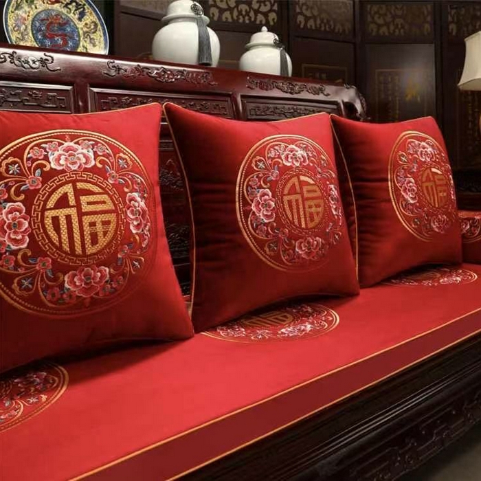 多米家居 2026新款定制红木-绒布刺绣坐垫、抱枕、桌旗，海绵，乳胶（2-3天货期，定制尺寸联系商家） 天官赐福-红色