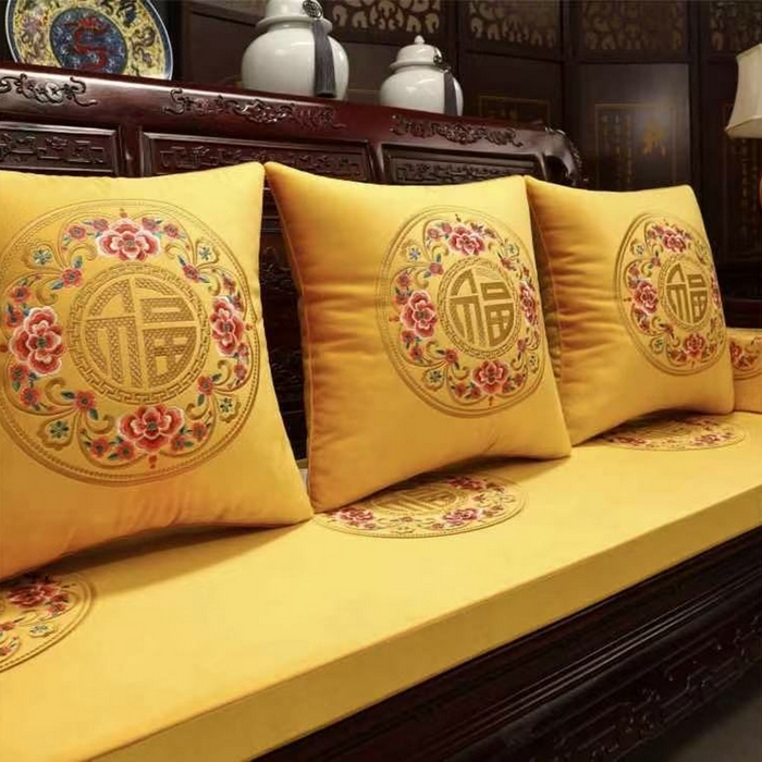 多米家居 2026新款定制红木-绒布刺绣坐垫、抱枕、桌旗，海绵，乳胶（2-3天货期，定制尺寸联系商家） 天官赐福-黄色