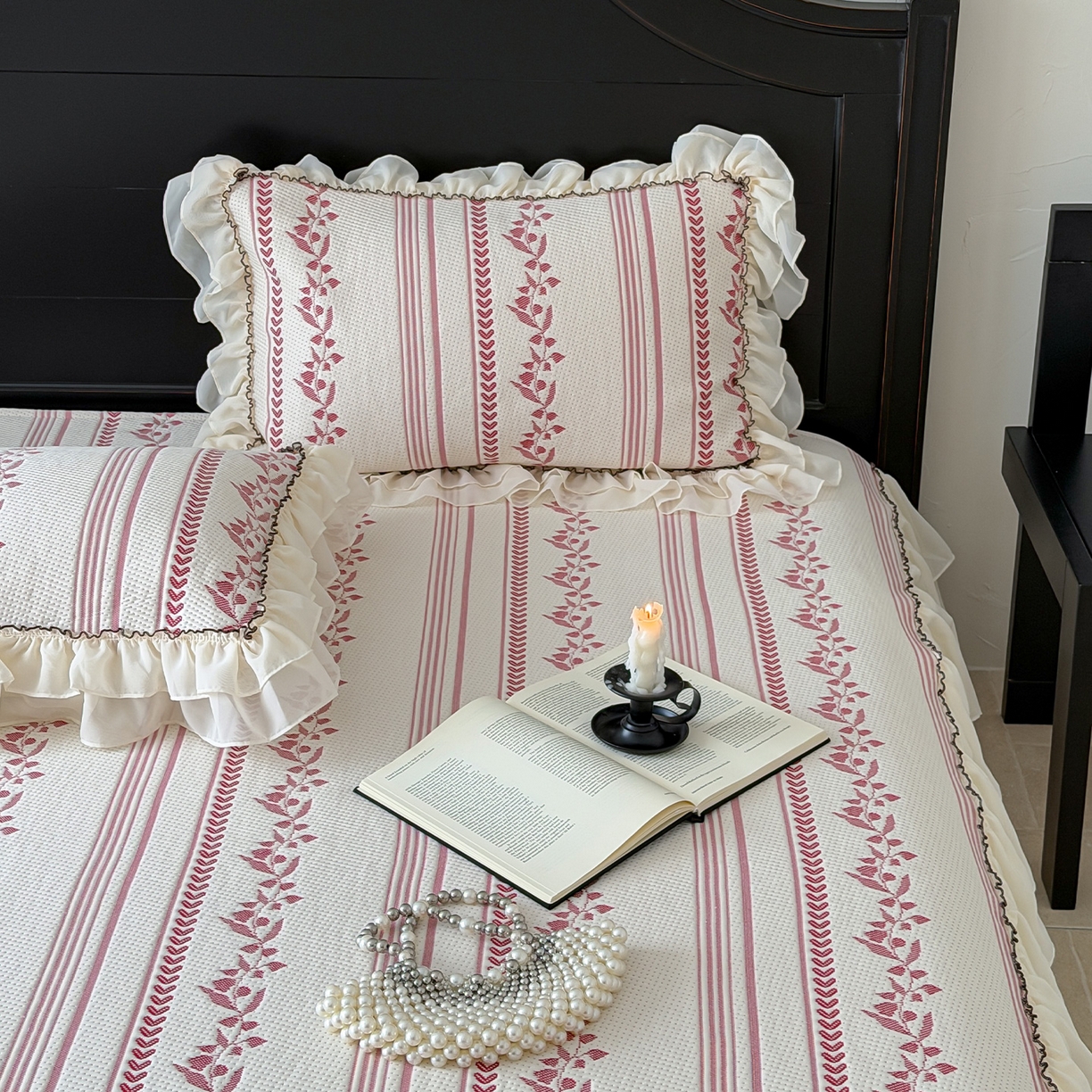 91家纺网 家纺一手货源 找家纺 山茶家居-原创设计（原山茶家纺） 2026新款A类提花华夫格床盖款凉席三件套-罗马假日 罗马假日-红