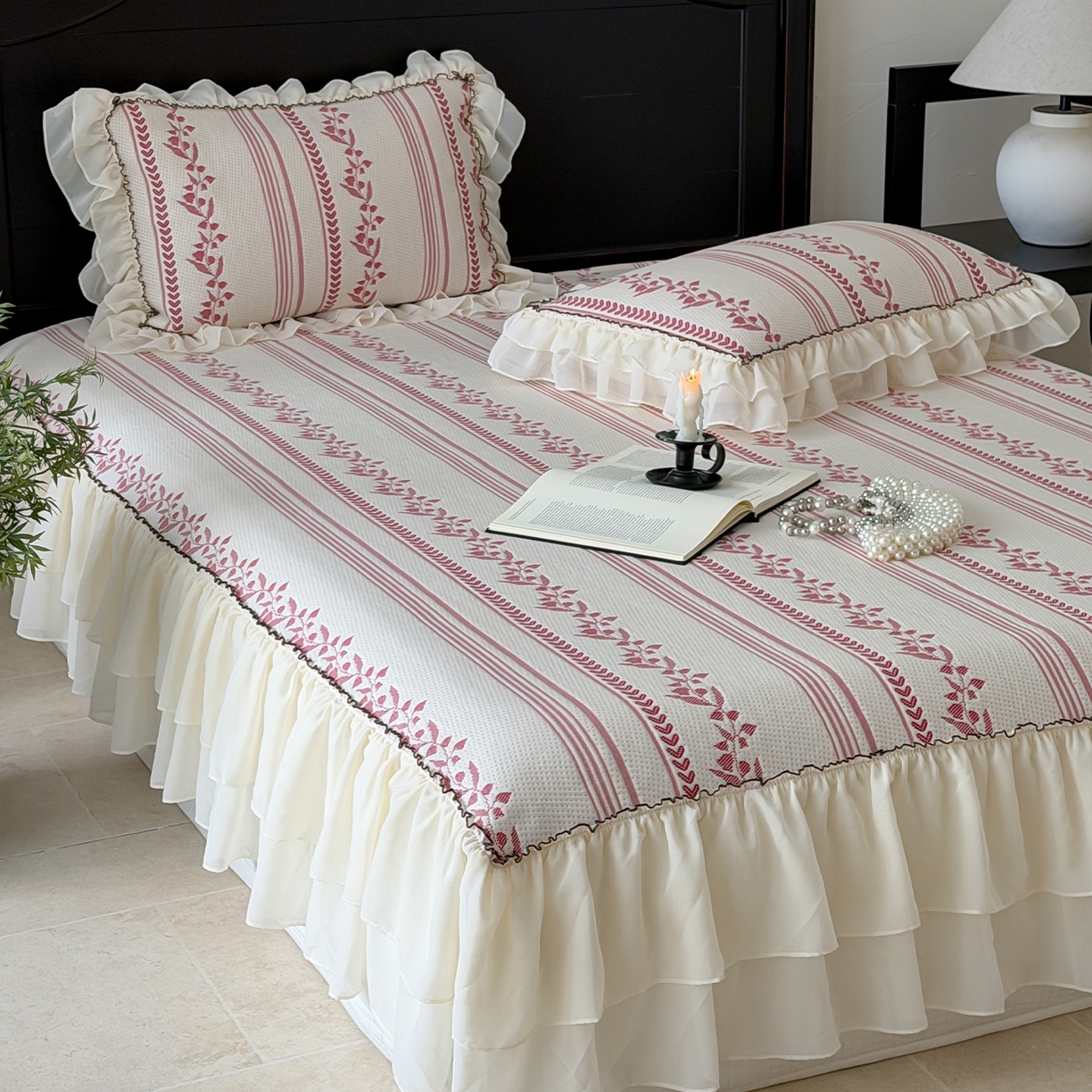 91家纺网 家纺一手货源 找家纺 山茶家居-原创设计（原山茶家纺） 2026新款A类提花华夫格床盖款凉席三件套-罗马假日 罗马假日-红