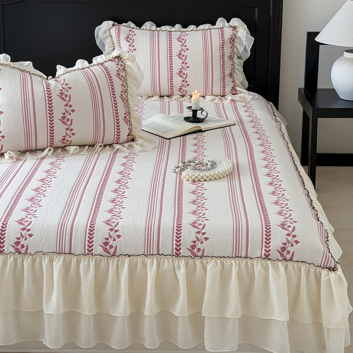 91家纺网 家纺一手货源 找家纺 山茶家居-原创设计（原山茶家纺） 2026新款A类提花华夫格床盖款凉席三件套-罗马假日 罗马假日-红