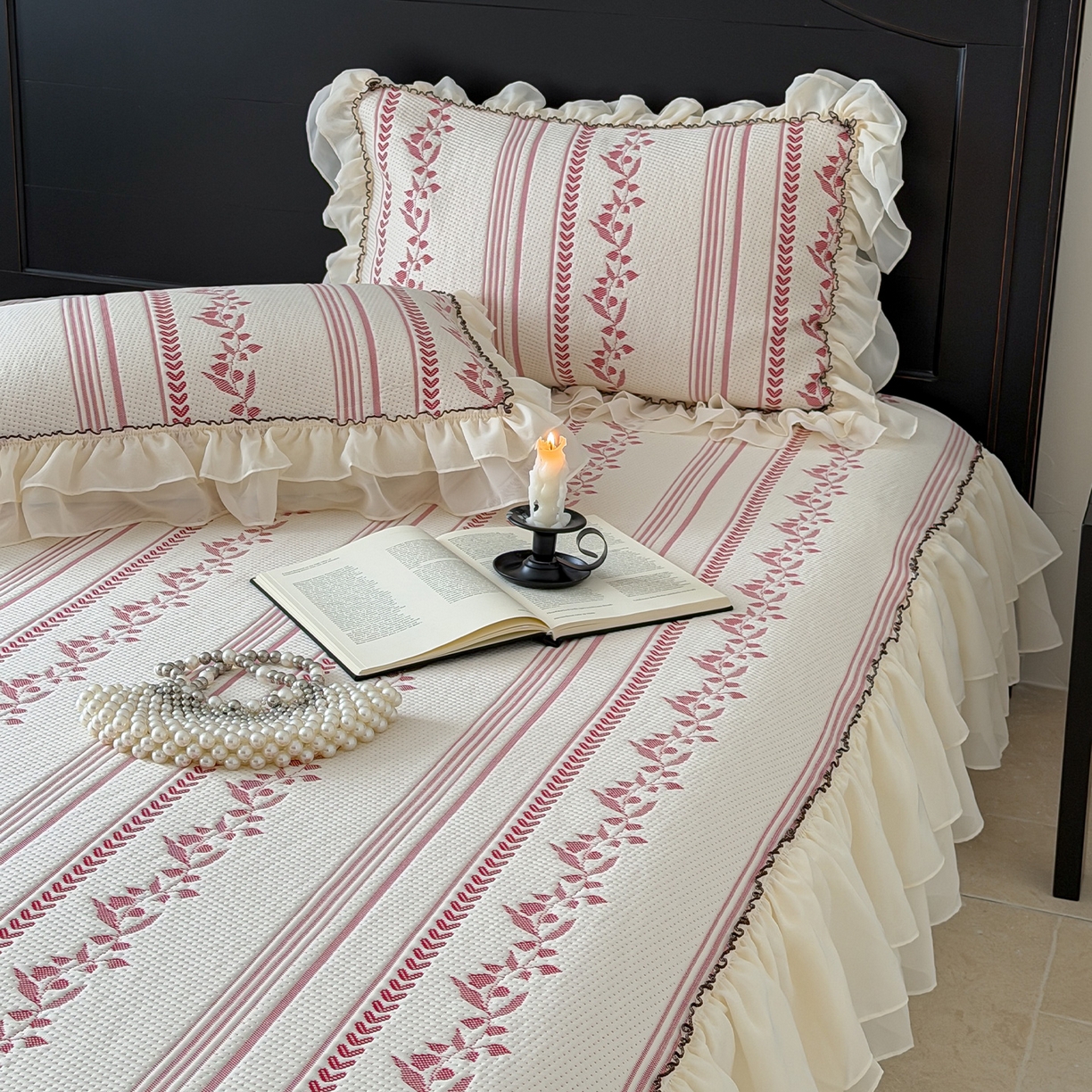 91家纺网 家纺一手货源 找家纺 山茶家居-原创设计（原山茶家纺） 2026新款A类提花华夫格床盖款凉席三件套-罗马假日 罗马假日-红