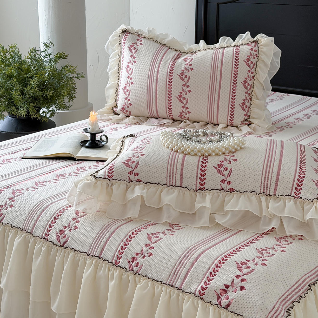 91家纺网 家纺一手货源 找家纺 山茶家居-原创设计（原山茶家纺） 2026新款A类提花华夫格床盖款凉席三件套-罗马假日 罗马假日-红