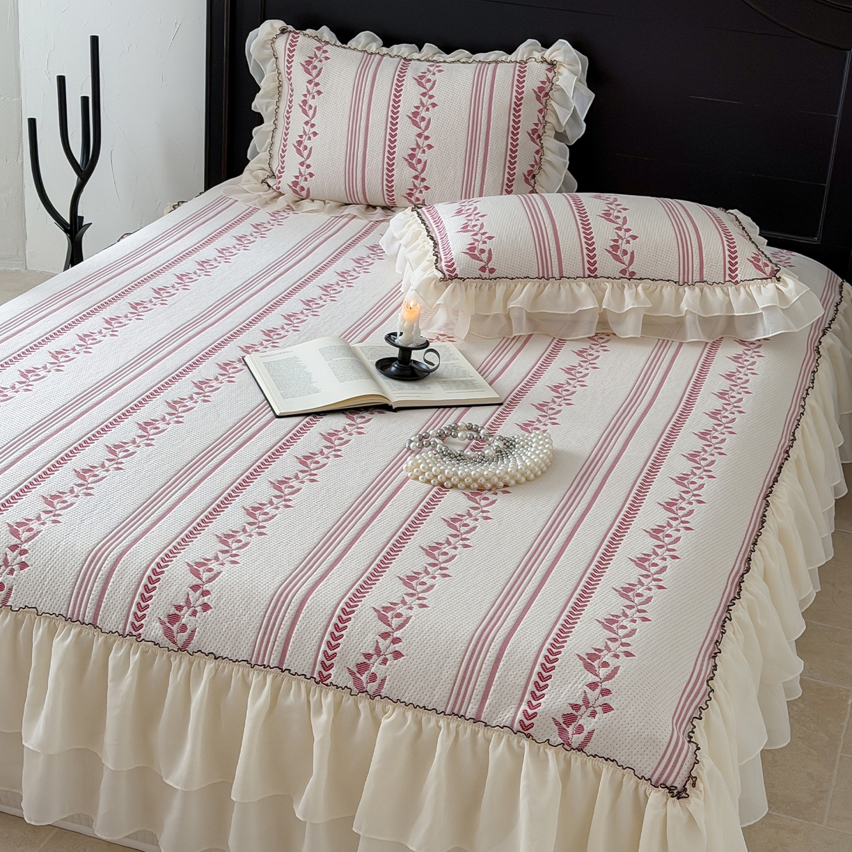 91家纺网 家纺一手货源 找家纺 山茶家居-原创设计（原山茶家纺） 2026新款A类提花华夫格床盖款凉席三件套-罗马假日 罗马假日-红