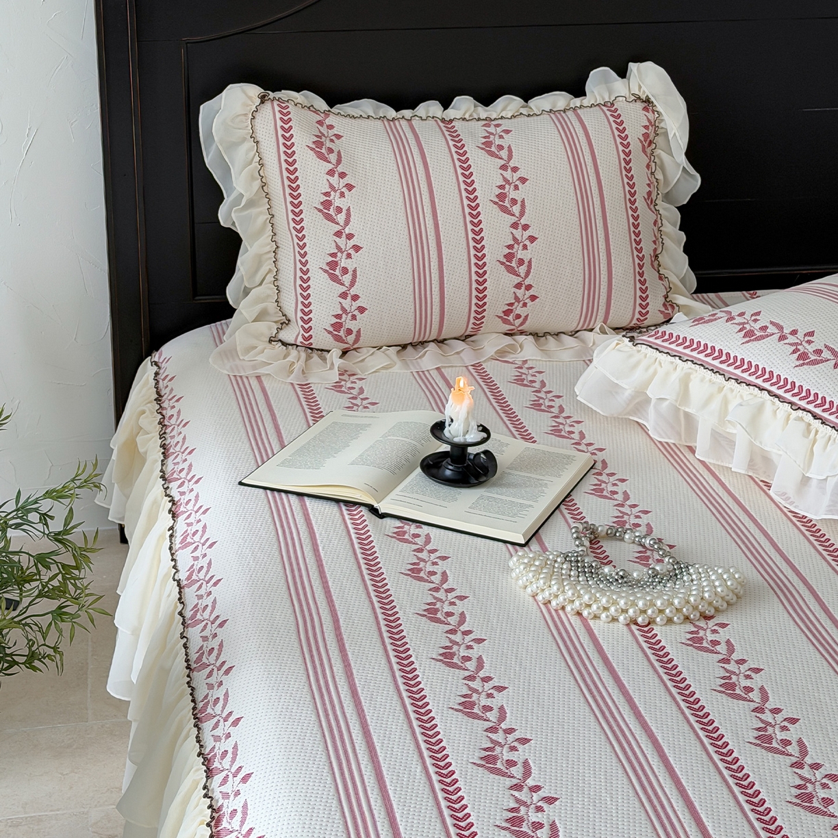 91家纺网 家纺一手货源 找家纺 山茶家居-原创设计（原山茶家纺） 2026新款A类提花华夫格床盖款凉席三件套-罗马假日 罗马假日-红