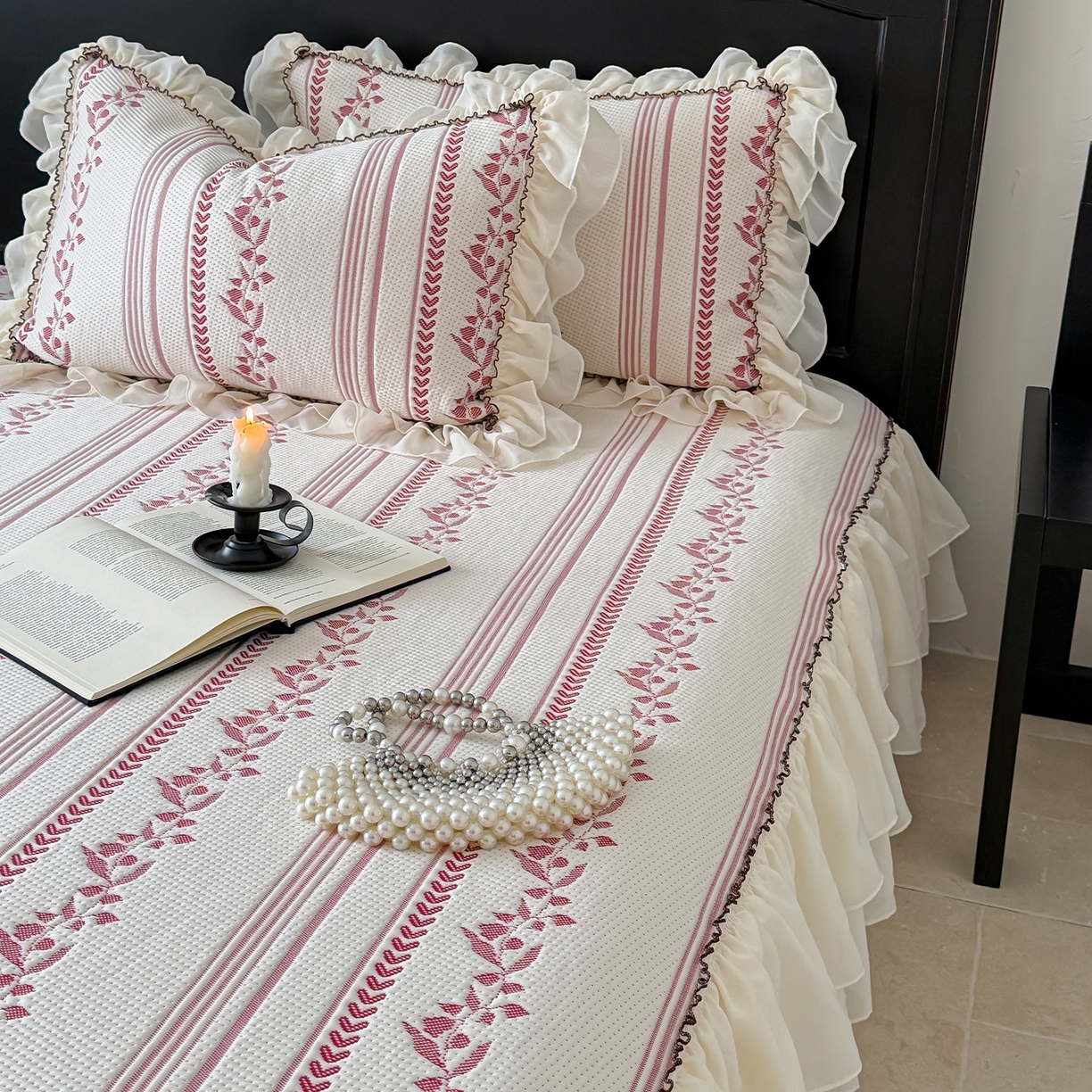 91家纺网 家纺一手货源 找家纺 山茶家居-原创设计（原山茶家纺） 2026新款A类提花华夫格床盖款凉席三件套-罗马假日 罗马假日-红