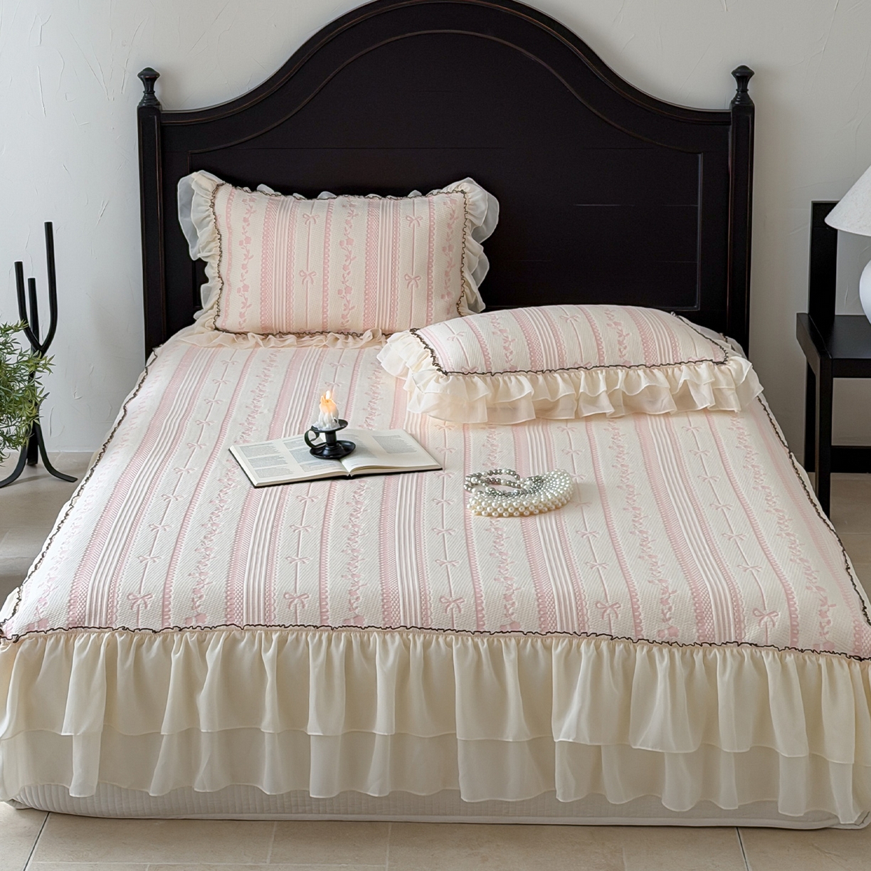 91家纺网 家纺一手货源 找家纺 山茶家居-原创设计（原山茶家纺） 2026新款A类提花华夫格床盖款凉席三件套-罗马假日 罗马假日-粉