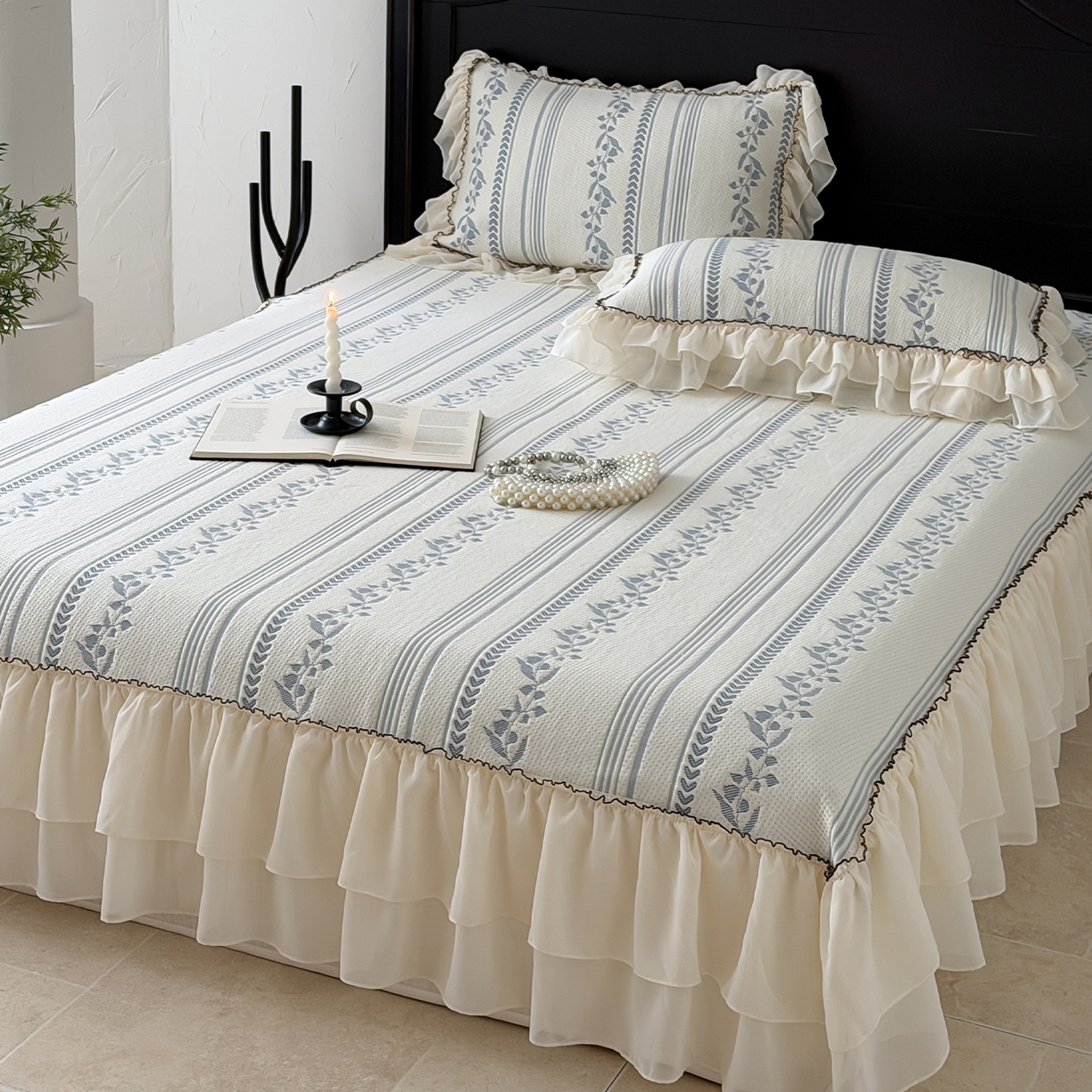 91家纺网 家纺一手货源 找家纺 山茶家居-原创设计（原山茶家纺） 2026新款A类提花华夫格床盖款凉席三件套-罗马假日 罗马假日-深蓝