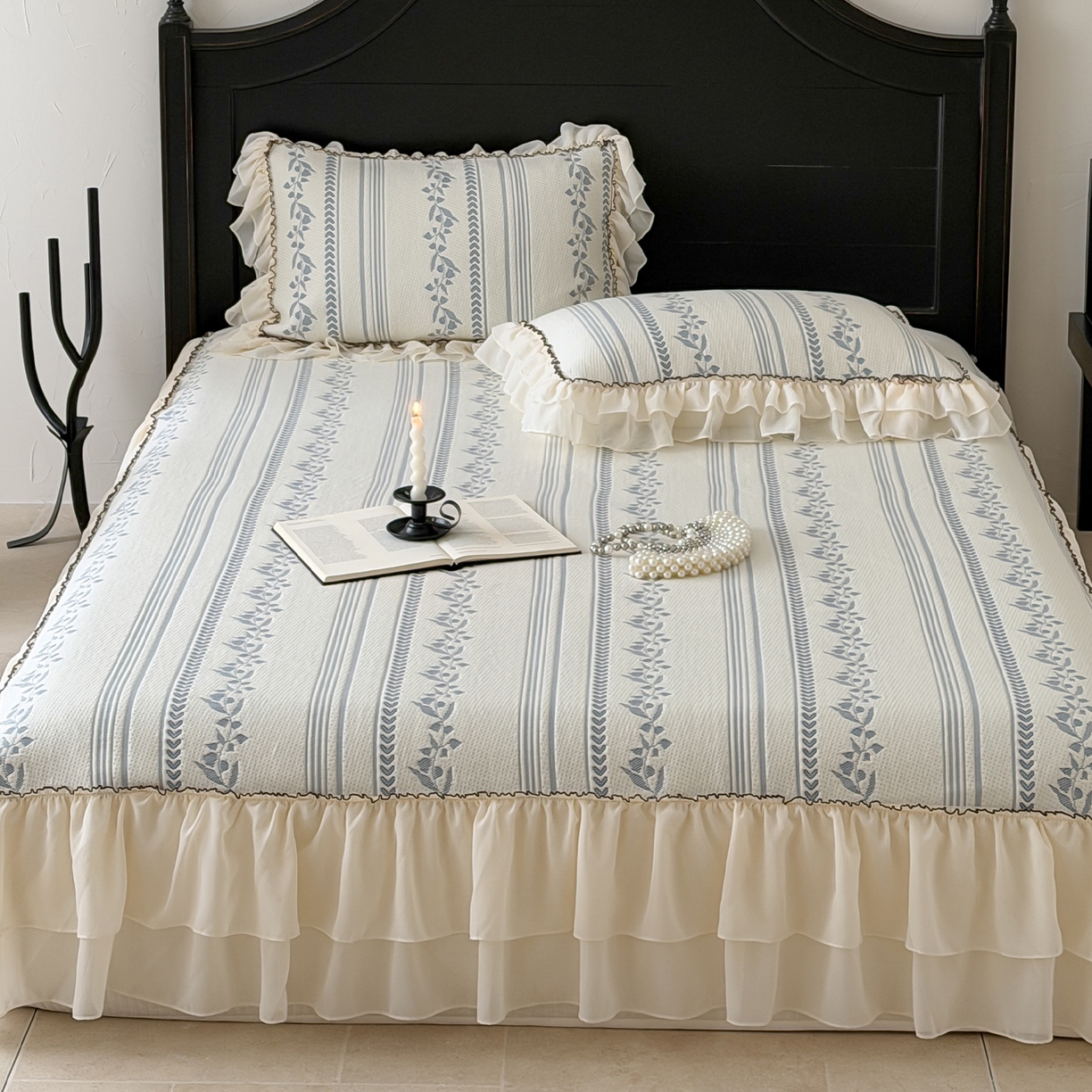 91家纺网 家纺一手货源 找家纺 山茶家居-原创设计（原山茶家纺） 2026新款A类提花华夫格床盖款凉席三件套-罗马假日 罗马假日-深蓝