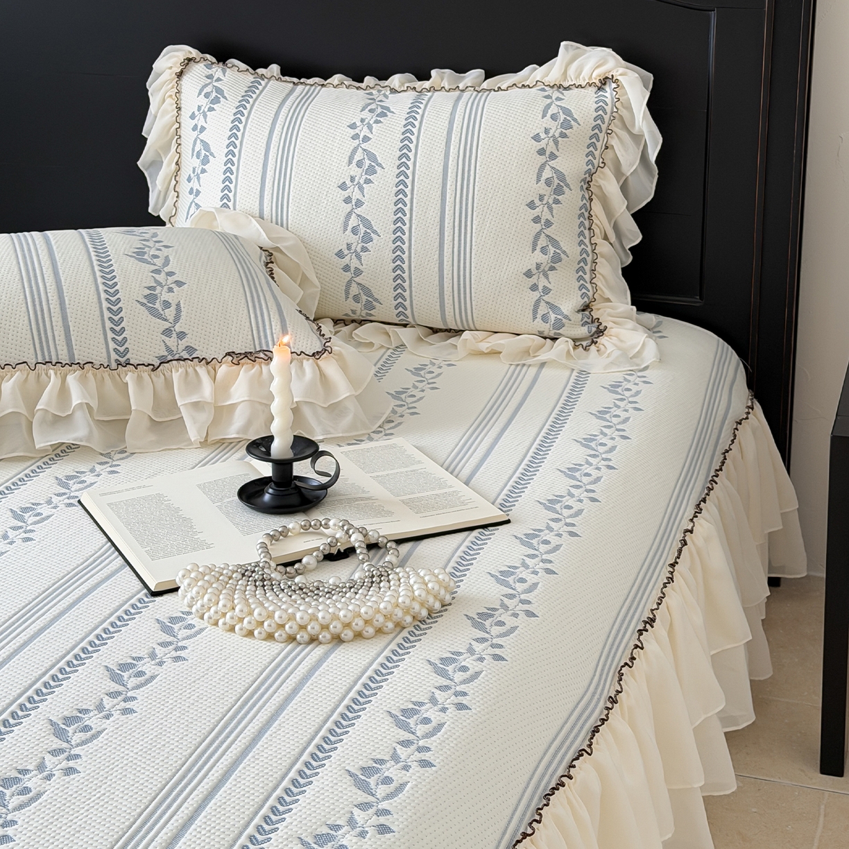 91家纺网 家纺一手货源 找家纺 山茶家居-原创设计（原山茶家纺） 2026新款A类提花华夫格床盖款凉席三件套-罗马假日 罗马假日-深蓝