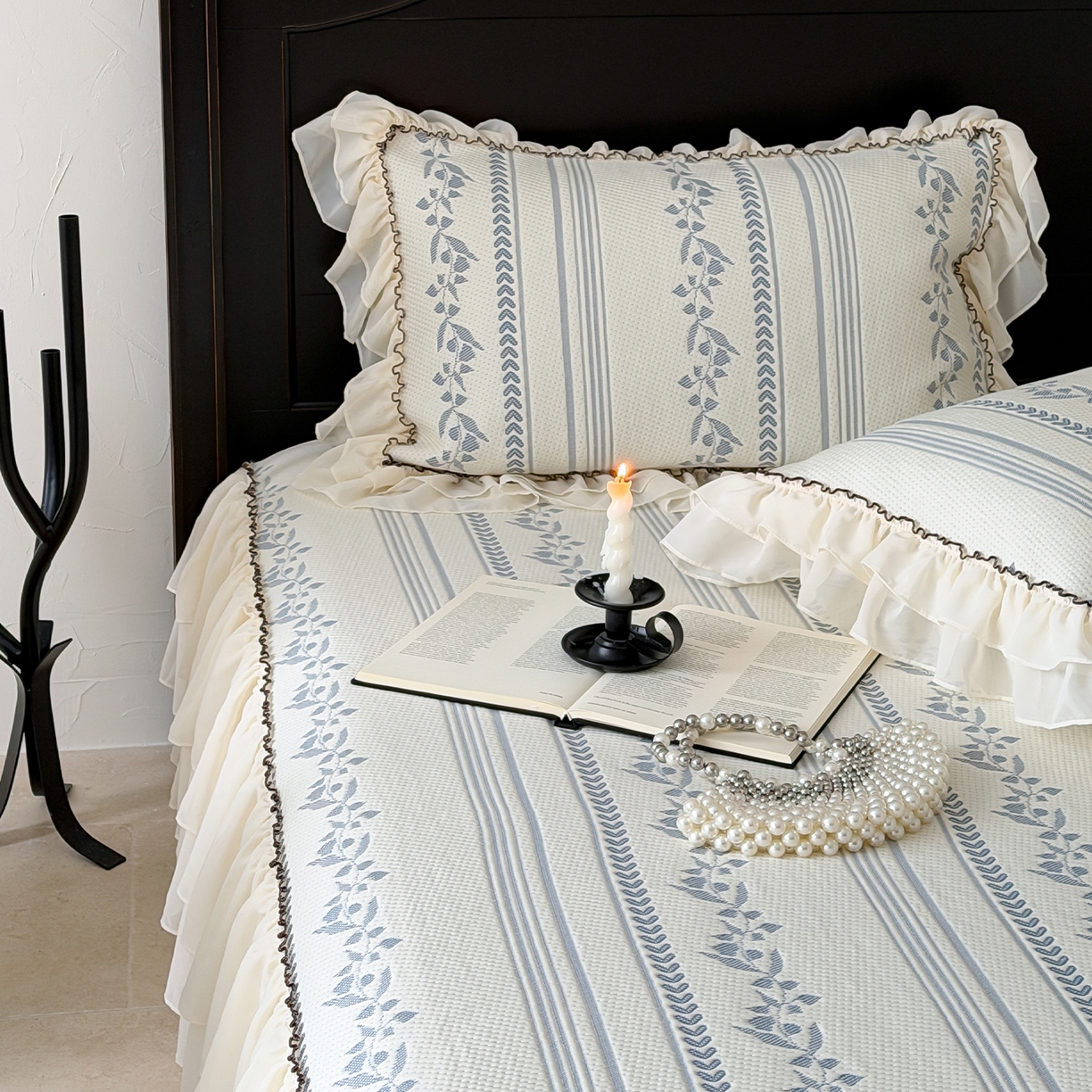 91家纺网 家纺一手货源 找家纺 山茶家居-原创设计（原山茶家纺） 2026新款A类提花华夫格床盖款凉席三件套-罗马假日 罗马假日-深蓝