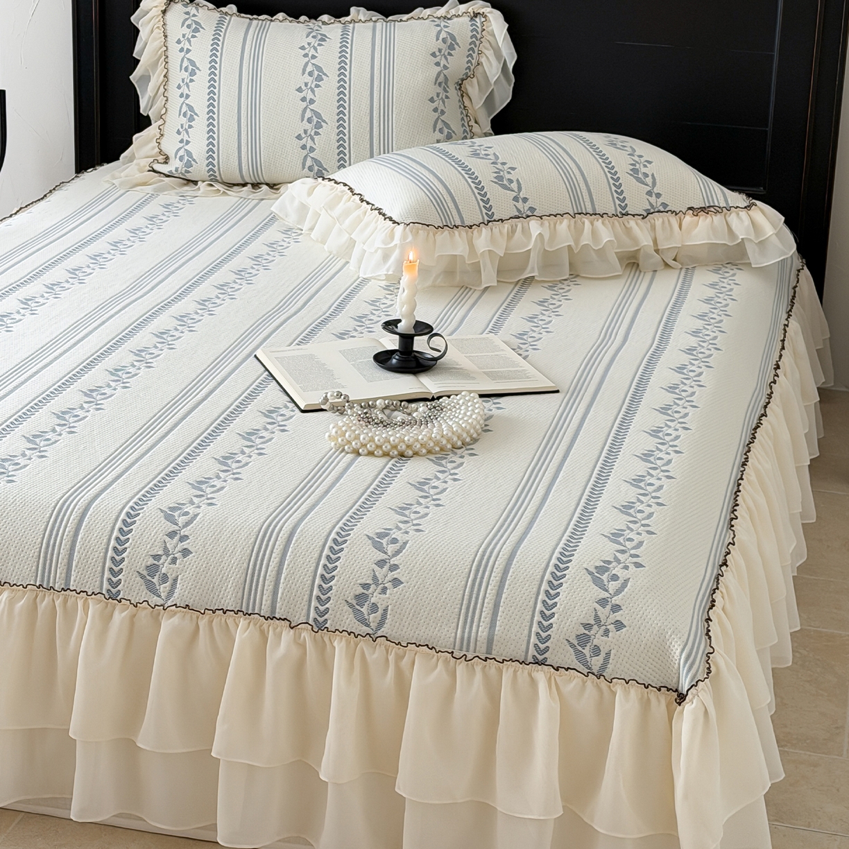 91家纺网 家纺一手货源 找家纺 山茶家居-原创设计（原山茶家纺） 2026新款A类提花华夫格床盖款凉席三件套-罗马假日 罗马假日-深蓝