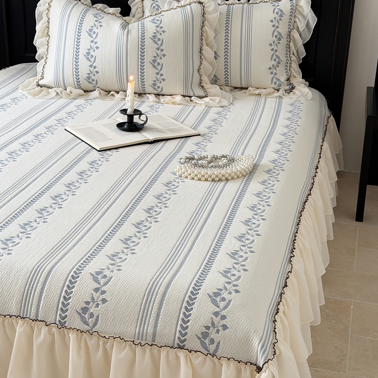 91家纺网 家纺一手货源 找家纺 山茶家居-原创设计（原山茶家纺） 2026新款A类提花华夫格床盖款凉席三件套-罗马假日 罗马假日-深蓝