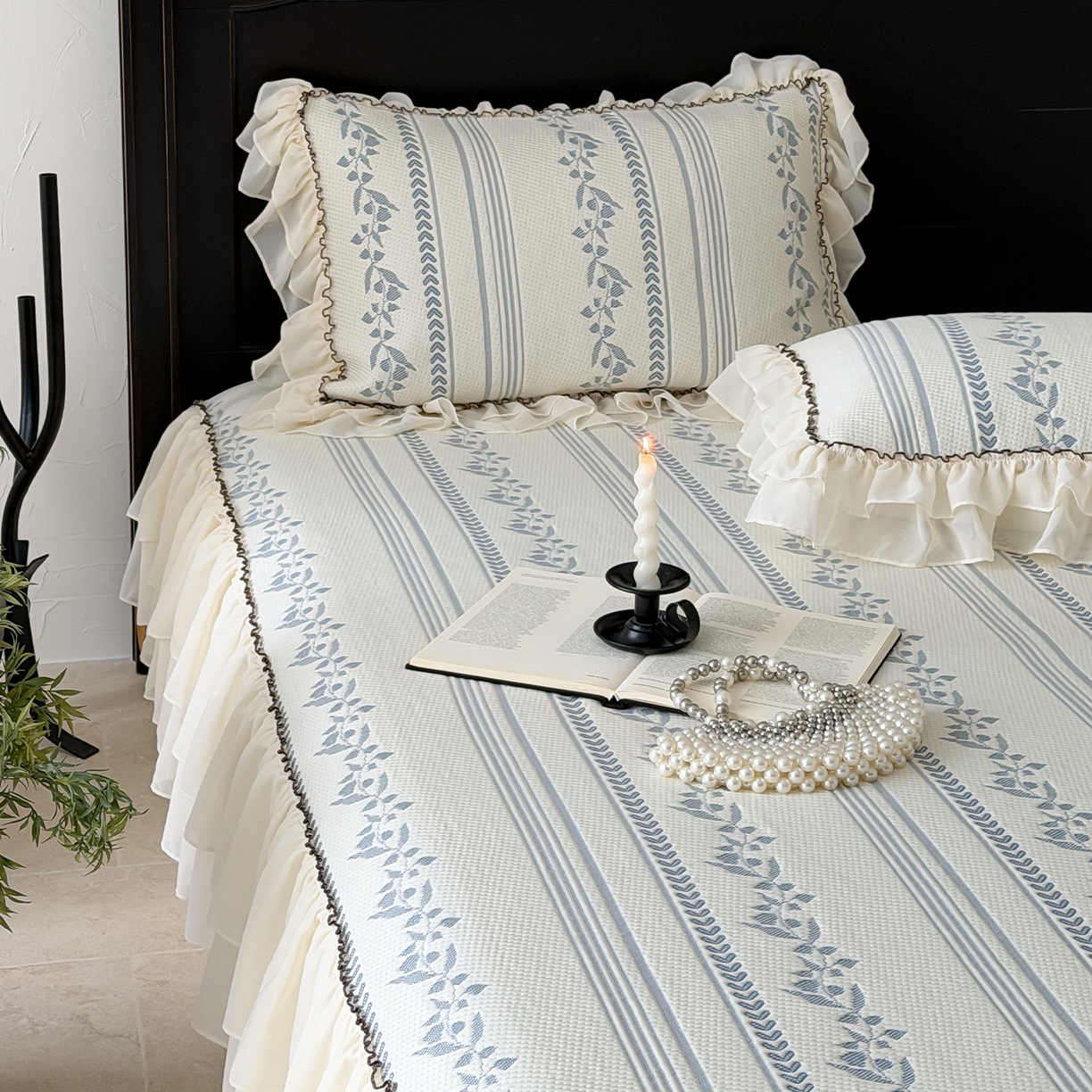 91家纺网 家纺一手货源 找家纺 山茶家居-原创设计（原山茶家纺） 2026新款A类提花华夫格床盖款凉席三件套-罗马假日 罗马假日-深蓝