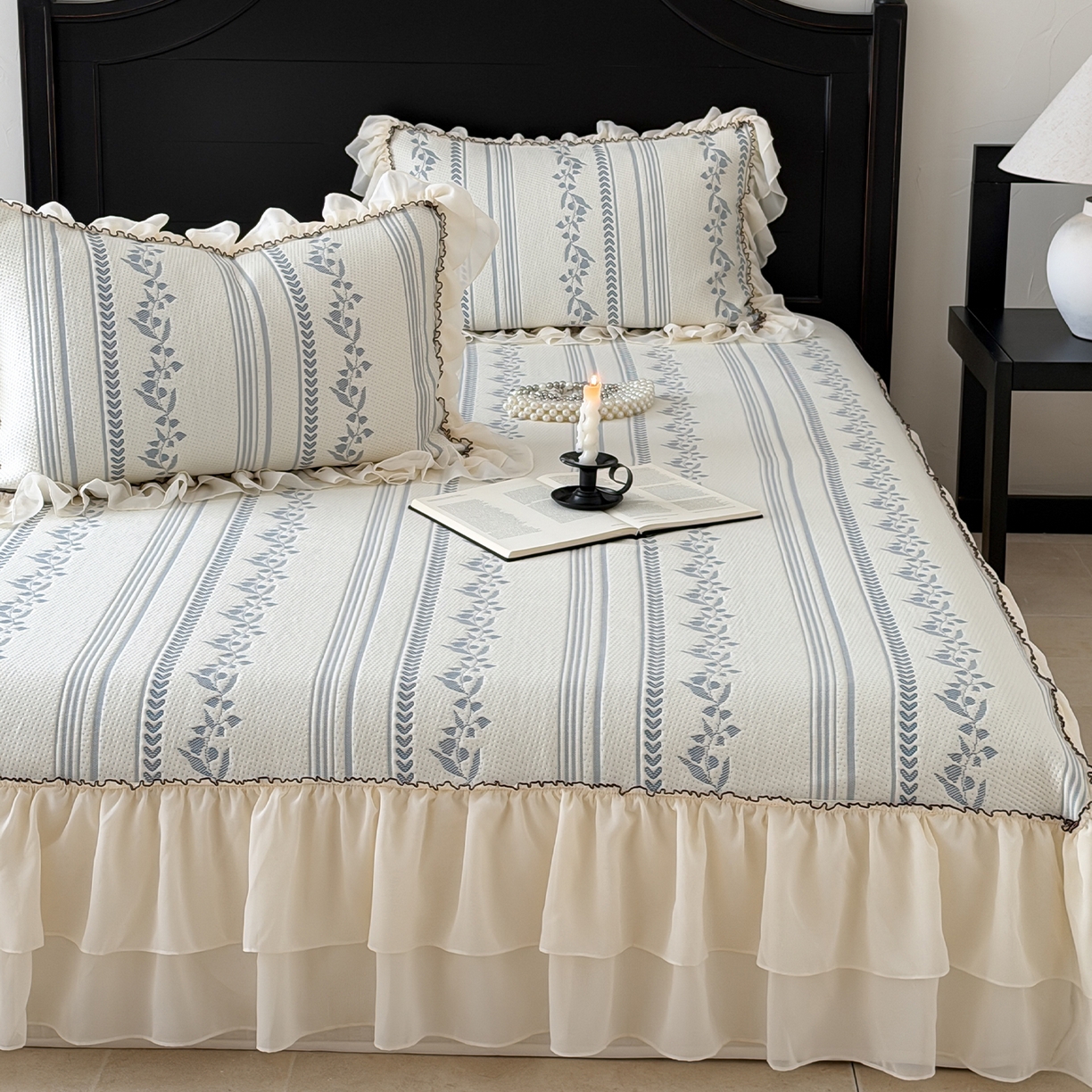 91家纺网 家纺一手货源 找家纺 山茶家居-原创设计（原山茶家纺） 2026新款A类提花华夫格床盖款凉席三件套-罗马假日 罗马假日-深蓝