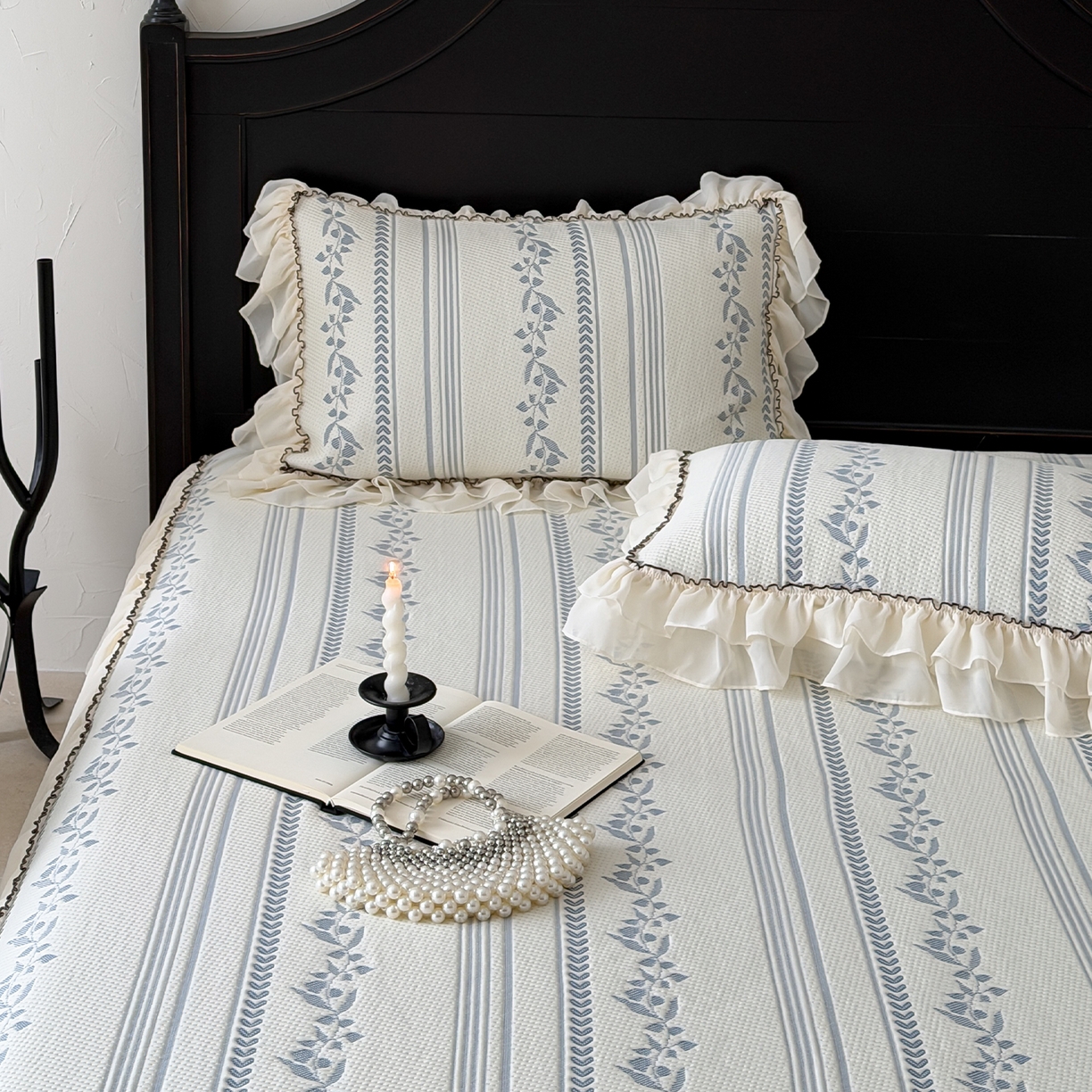 91家纺网 家纺一手货源 找家纺 山茶家居-原创设计（原山茶家纺） 2026新款A类提花华夫格床盖款凉席三件套-罗马假日 罗马假日-深蓝