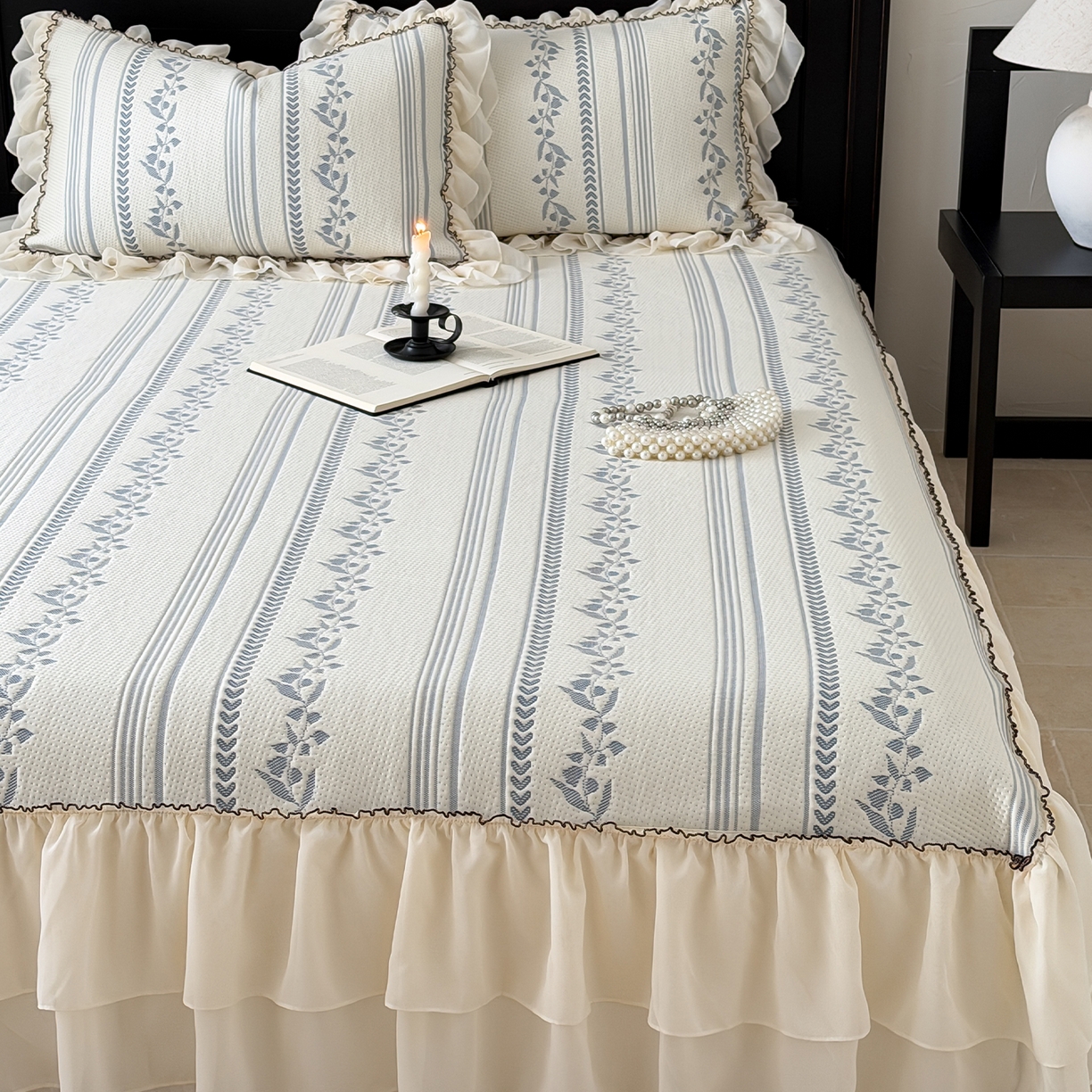 91家纺网 家纺一手货源 找家纺 山茶家居-原创设计（原山茶家纺） 2026新款A类提花华夫格床盖款凉席三件套-罗马假日 罗马假日-深蓝