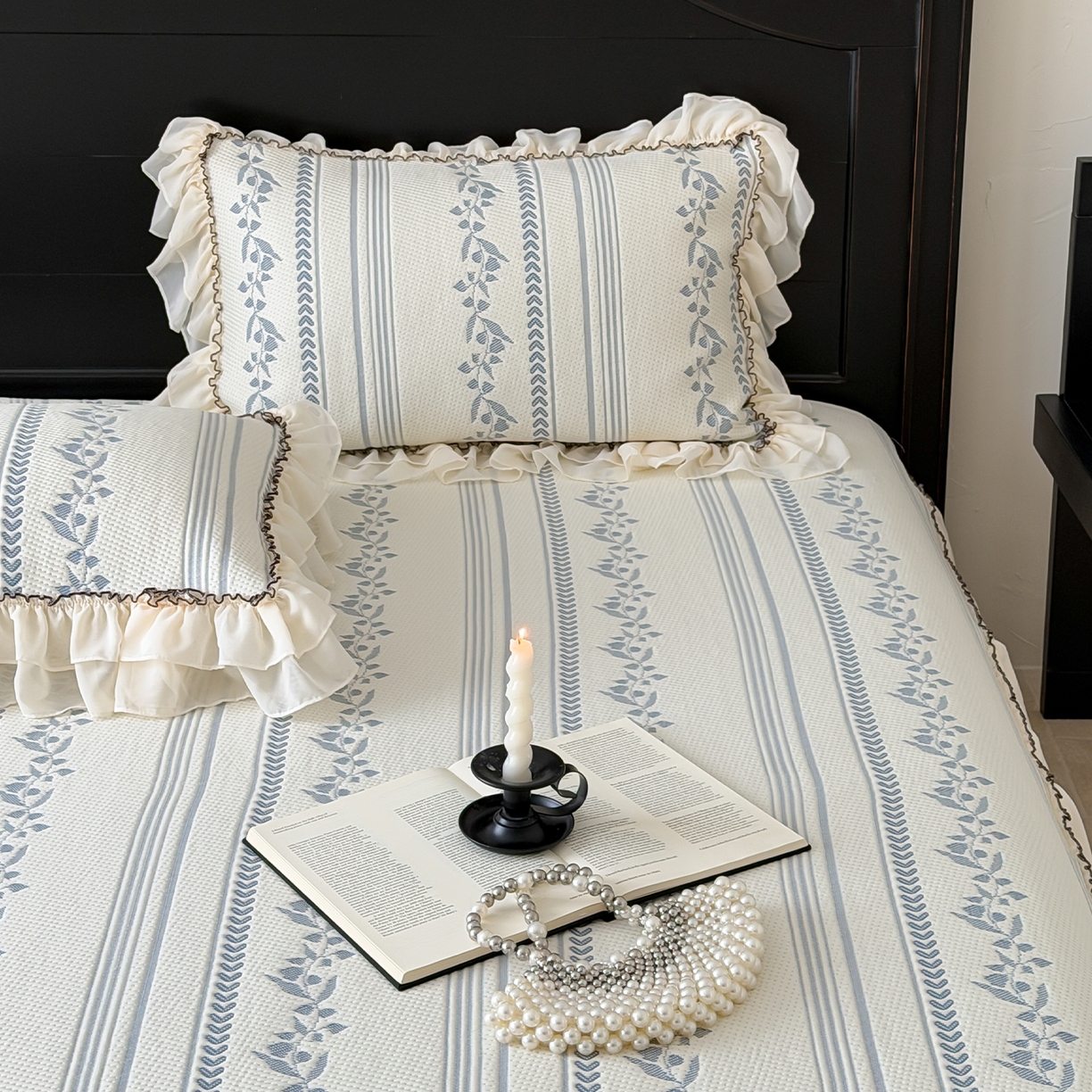 91家纺网 家纺一手货源 找家纺 山茶家居-原创设计（原山茶家纺） 2026新款A类提花华夫格床盖款凉席三件套-罗马假日 罗马假日-深蓝