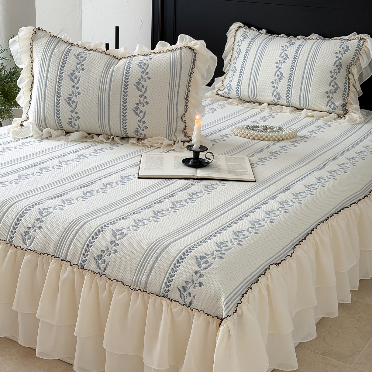 91家纺网 家纺一手货源 找家纺 山茶家居-原创设计（原山茶家纺） 2026新款A类提花华夫格床盖款凉席三件套-罗马假日 罗马假日-深蓝