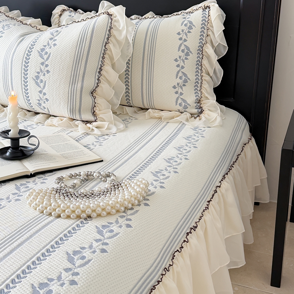 91家纺网 家纺一手货源 找家纺 山茶家居-原创设计（原山茶家纺） 2026新款A类提花华夫格床盖款凉席三件套-罗马假日 罗马假日-深蓝