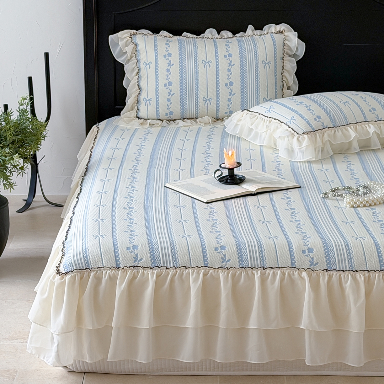 山茶家居-原创设计（原山茶家纺） 2026新款A类提花华夫格床盖款凉席三件套-罗马假日 罗马假日-浅蓝