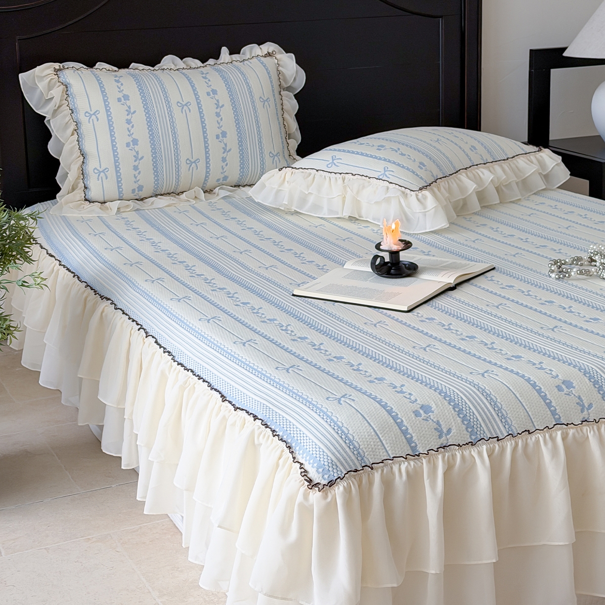 91家纺网 家纺一手货源 找家纺 山茶家居-原创设计（原山茶家纺） 2026新款A类提花华夫格床盖款凉席三件套-罗马假日 罗马假日-浅蓝