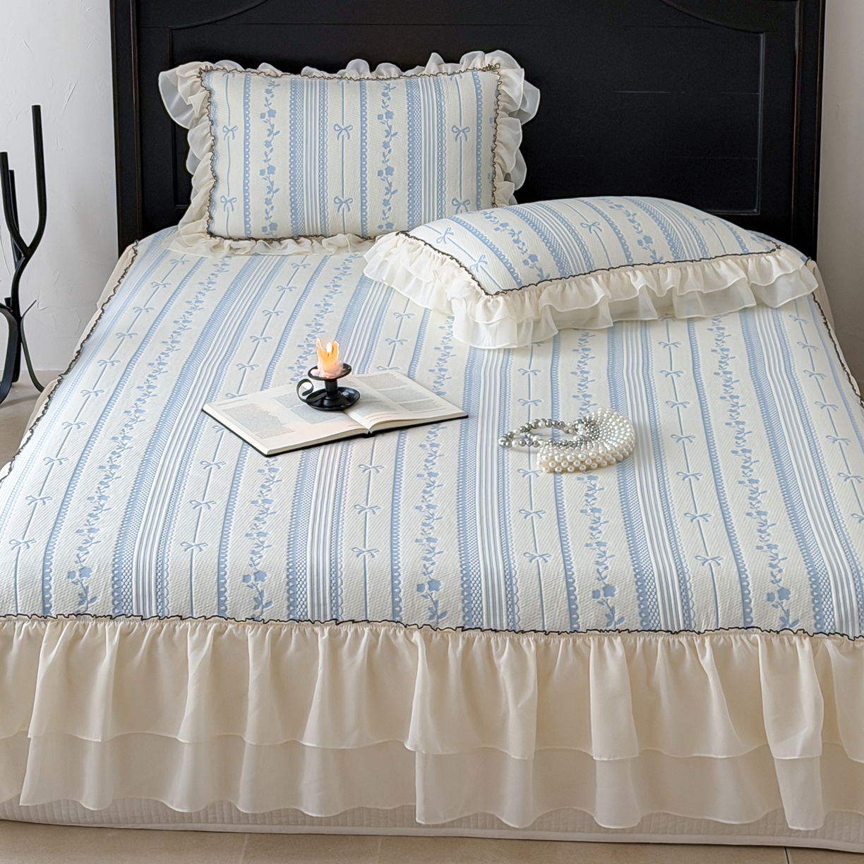 91家纺网 家纺一手货源 找家纺 山茶家居-原创设计（原山茶家纺） 2026新款A类提花华夫格床盖款凉席三件套-罗马假日 罗马假日-浅蓝