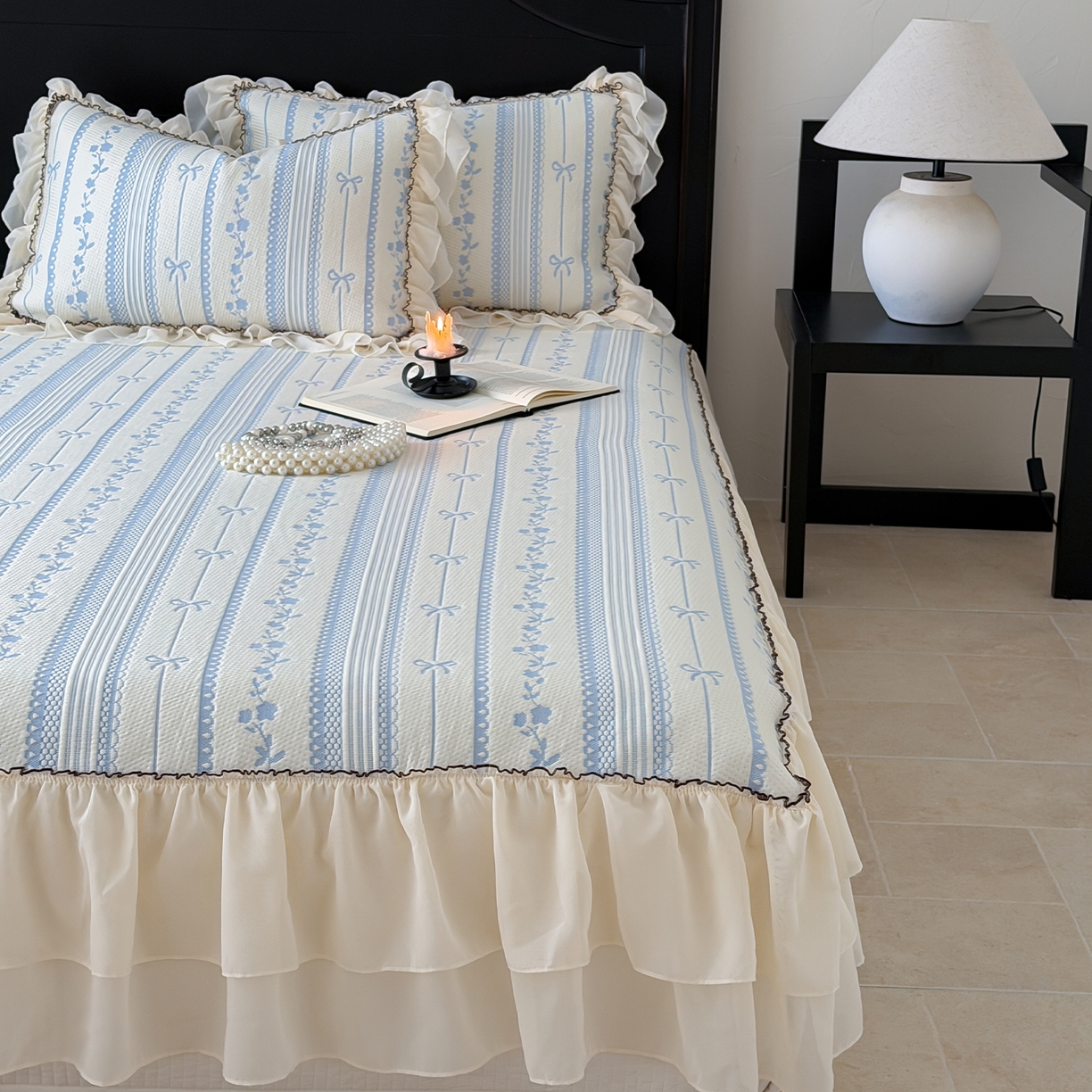 91家纺网 家纺一手货源 找家纺 山茶家居-原创设计（原山茶家纺） 2026新款A类提花华夫格床盖款凉席三件套-罗马假日 罗马假日-浅蓝